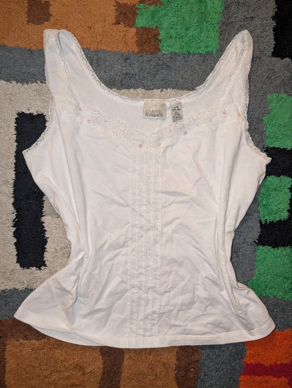 Vintage White Lace-Trim Sequin Camisole Tank
